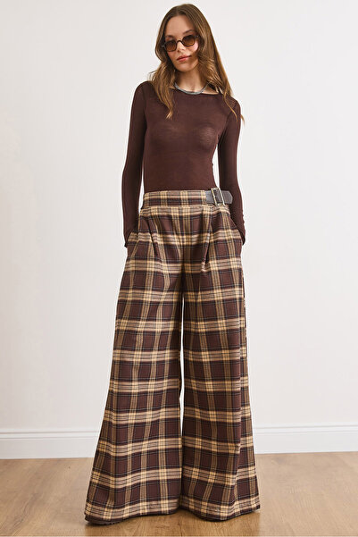 Olalook Women's Brown Belt Detailed Casual Plaid Trousers with Pockets Pnt-19...