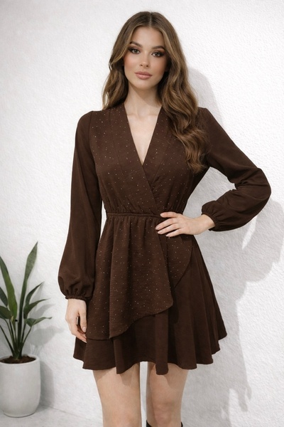 hiramir Kadın TaşlıZarif V Yaka Uzun Kollu Mini Elbise YZ2510