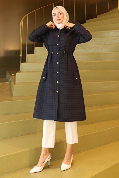 Modamihram Buttoned Waist Tie Quilted Cap Navy Blue 19289