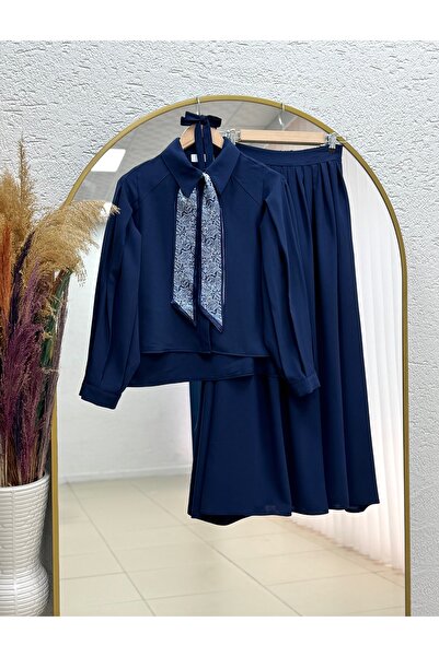 BENAHOLL Aybike Skirt, Pleated Shirt, Scarf Set-Şa1158 Navy Blue