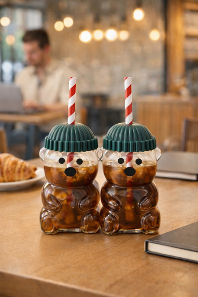 ARVALE 2'li Barista Bardak Ayı Formlu Cam Matara - Yeşil Bereli İçecek Bardağ...