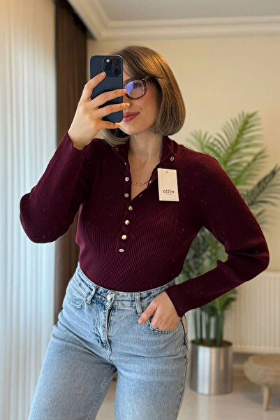 Kubos Moda Snap Detail Thessaloniki Knitted Claret Red Sweater