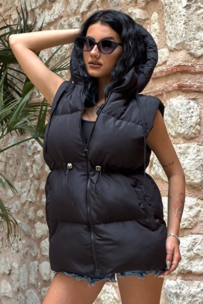 moda armanc Women's Hooded Inflatable Vest Black – Oversized Water-Repellent ...
