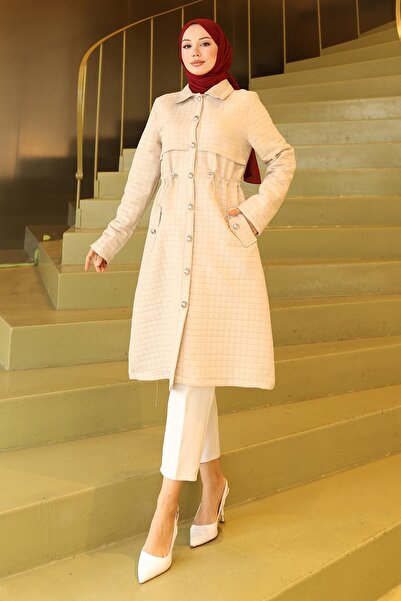 Modamihram Buttoned Waist Tie Quilted Cap Beige 19289