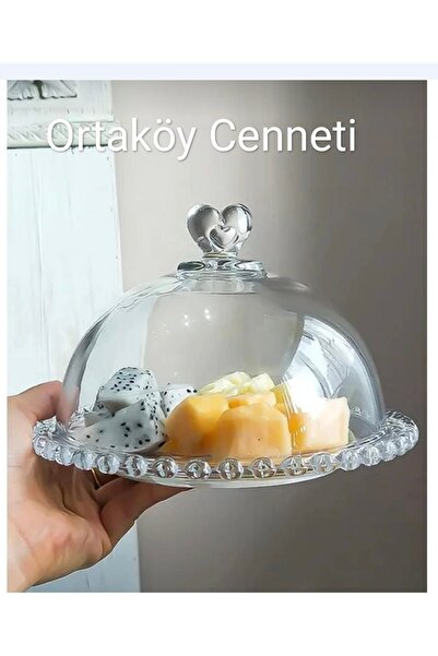 ORTAKÖYCENNETİ Lüks cam kek pasta fanus.servis sunumluk boncuk kalp. Tepsi ve...