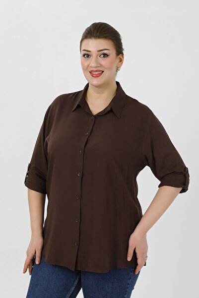 By Alba Collection Women's Cotton Viscose Plain Plus Size Shirt Brown