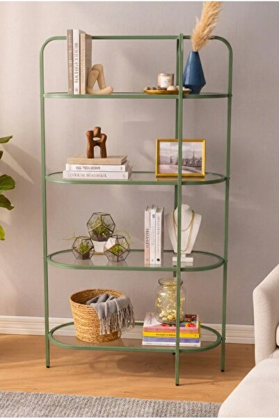 DEKOPRATİK Likya Kitaplık Mint Yeşili Şeffaf Temperli Kırılmaz Camlı