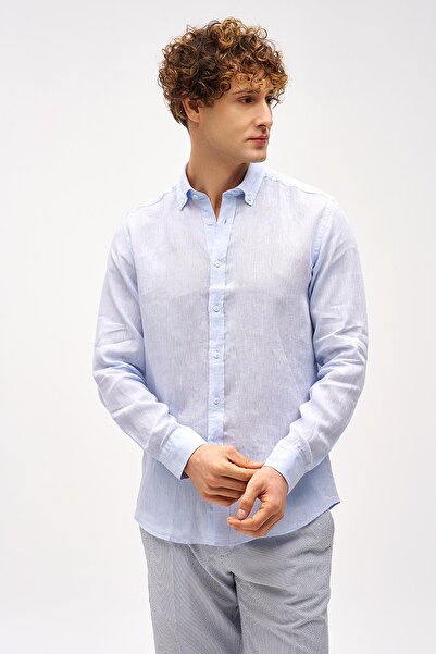 İgs Light Blue Dynamic Fit Buttoned Collar Striped Long Sleeve Pocketless 100...