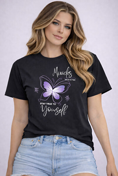 herkesemoda Tricou de bază cu imprimeu Stay True Yourself și detaliu imprimat
