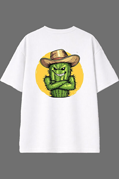 VSRN تي شيرت أبيض كبير الحجم بتصميم كاكتوس مان مطبوع من الخلف