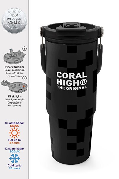 Coral High Siyah Blok Desenli Pipetli ve Direkt İçim Çelik Termos 900 ml 38720