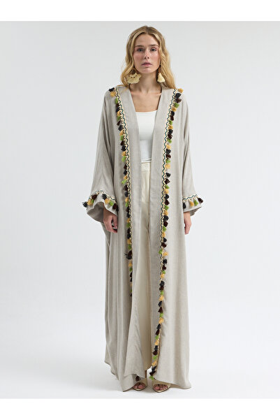 Store Wf عباءة بتفاصيل شريطية ملونة ورمادية فاتحة