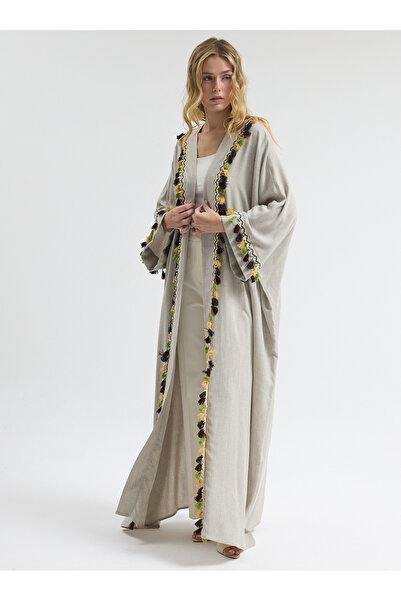 Store Wf Light Gray and Colorful Tassel Ribbon Detailed Abaya