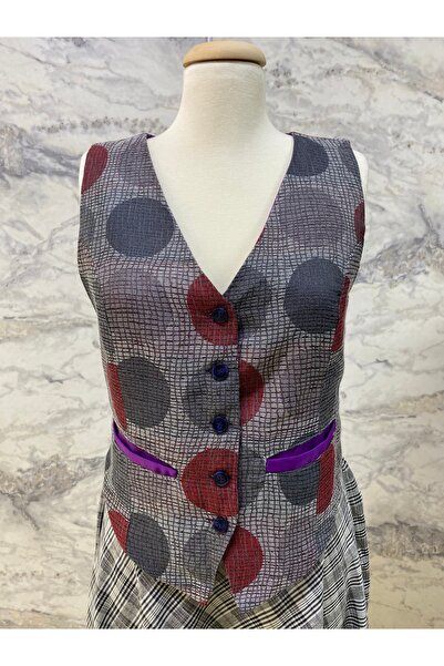 burçin orhon Desenli Düğmeli Kadın Yelek – Tek Ürün-Cepli, V Yaka, Mor Biye D...