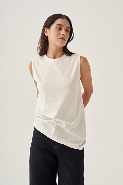 ALLDAY Ecru-Crew Neck Sleeveless Cotton T-Shirt