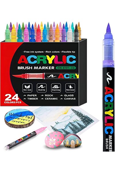 Geneic أقلام طلاء أكريليك بـ ٢٤ لونًا - أقلام تحديد أكريليك برأس فرشاة ناعمة