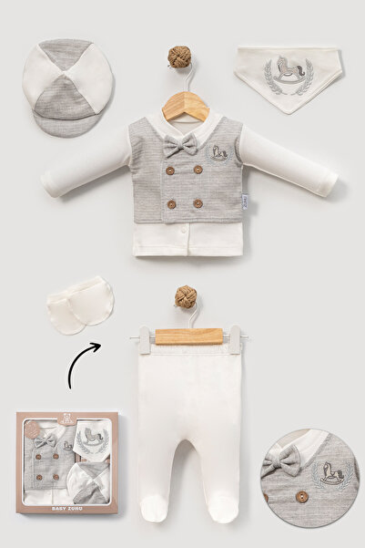 NEU KIDS Gray Bow Tie with Horse Embroidery, 5-Piece Set, 100% Cotton, Hospit...
