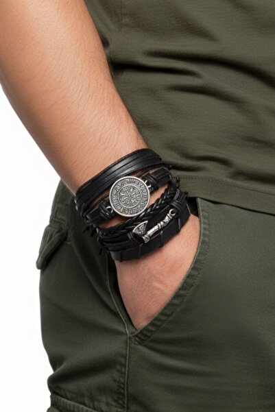 AB Takı Viking Compass Balta Design 5 Pieces Real Leather Bracelet Black Genu...