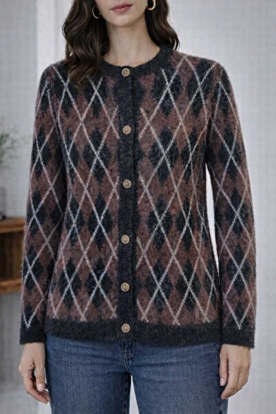 JM Women's Diamond Patterned Bearded Knitwear Cardigan