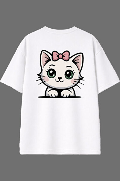VSRN Tricou supradimensionat alb cu imprimeu pe spate Sweet Cat Design