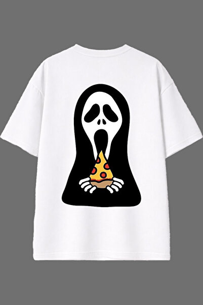 VSRN Tricou oversize alb cu imprimeu pe spate Ghost Pizza Shop Design