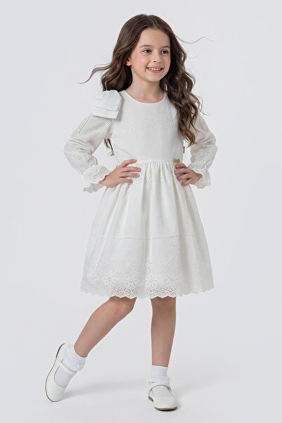 Zaziko Kids Girl's Long Sleeve Scallop Dress with Bow Detail on the Shoulder