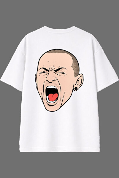 VSRN تي شيرت أبيض كبير الحجم بتصميم رأس مبتسم وطباعة خلفية