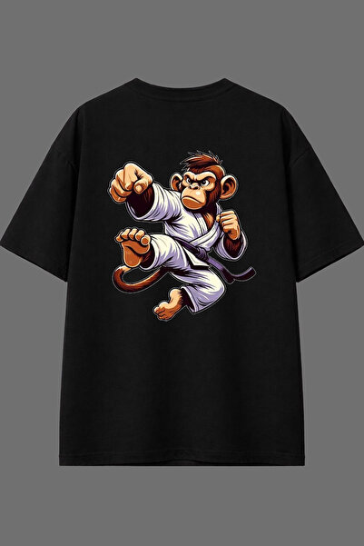 VSRN Tricou oversize negru cu imprimeu pe spate, design Kungfu Monkey