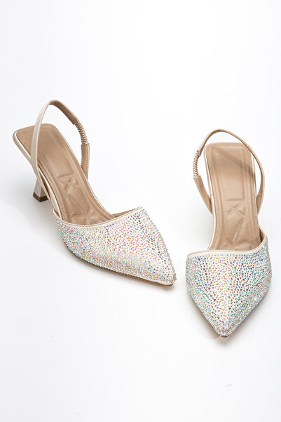 LEMUES SHOES Women's Beige Pointed Toe Classic Heeled Shoes with Stone Detail