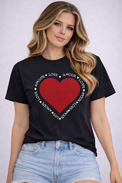 herkesemoda Μπλουζάκι Amour Love Basic με λεπτομέρεια εκτύπωσης