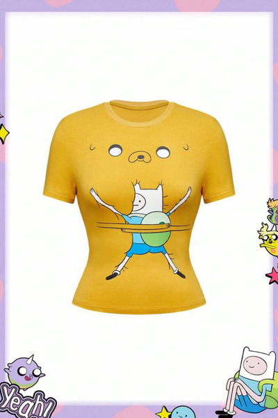 Karakedi Yellow Adventure Time Finn and Jack Y2K Short Sleeve Crop