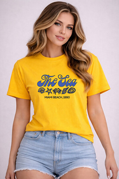 herkesemoda The Sea Print Detailed Basic T-Shirt