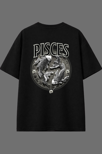 VSRN تي شيرت أسود كبير الحجم بتصميم علامة برج الحوت مطبوع من الخلف