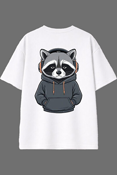 VSRN Depressed Raccoon Design Back Printed White Oversize t Shirt