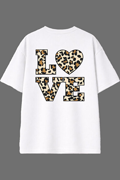 VSRN Tricou supradimensionat alb cu imprimeu pe spate Love Leopard 1 Design