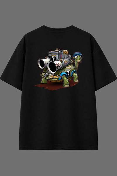VSRN Tricou negru oversize cu imprimeu pe spate, design broască țestoasă