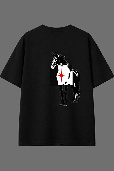 VSRN Tricou oversize negru cu imprimeu pe spate, cu design Cai cu model