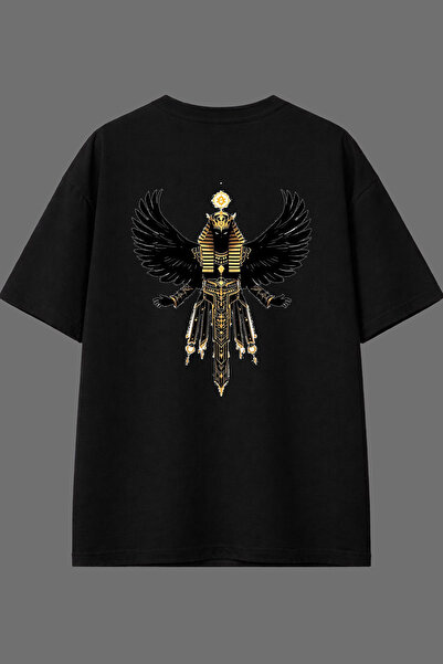 VSRN تي شيرت أسود كبير الحجم بتصميم إله مصر مطبوع من الخلف