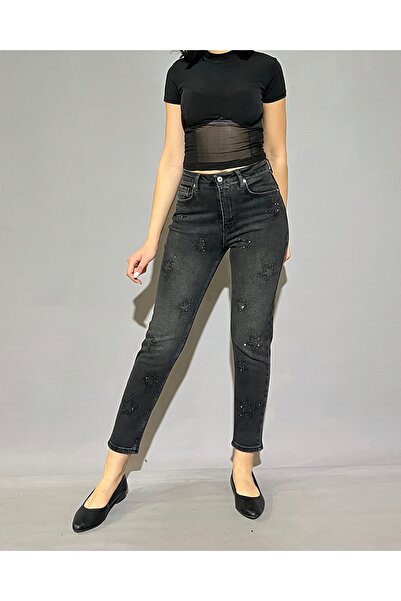 MYJEANSKOLİK Yüksek Bel Taşlı Comford Likralı Mom Fit Jean