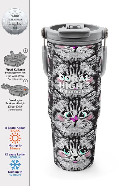 Coral High Gray Cat Patterned Steel Thermos with Straw and Direct Drinking Fe...