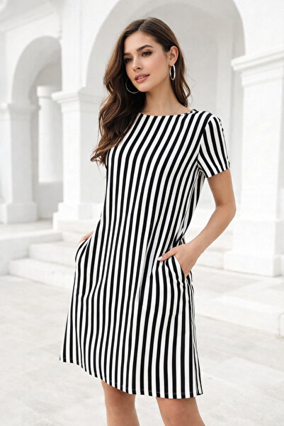 Rich Rochie midi de damă, albastru marin, cu dungi, cu buzunare duble lateral...