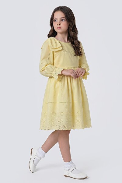 Pina Kids Girl's Long Sleeve Scallop Dress with Bow Detail on the Shoulder