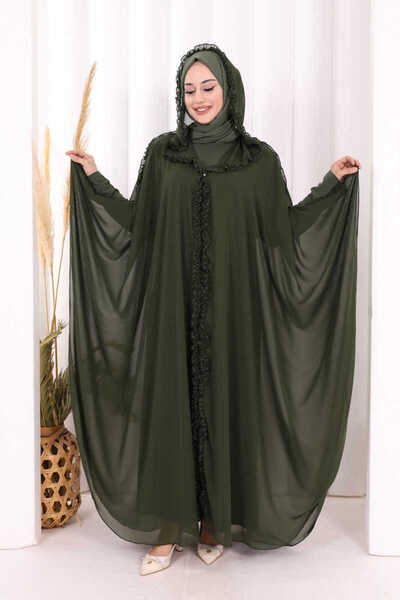 Bym Fashion Kapişonlu Belirli Kısımları Fırfır Detaylı Abayalı Elbise Takım 3...