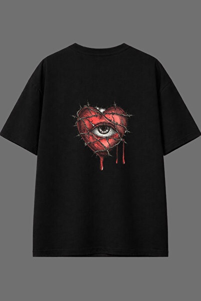 VSRN تي شيرت أسود كبير الحجم بتصميم قلب مزخرف وطباعة خلفية