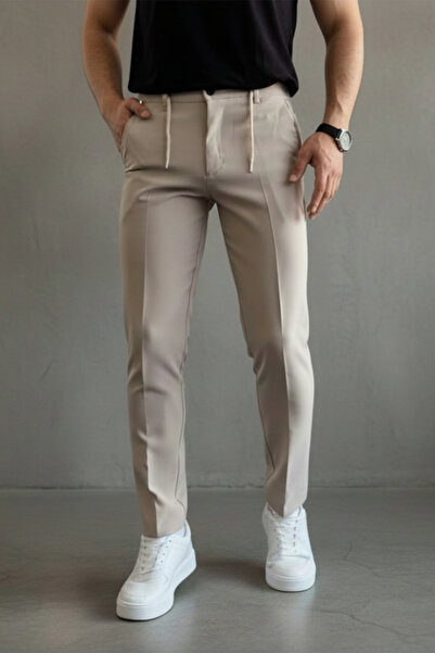MENOFOURSWEAR Ανδρικό παντελόνι με κορδόνι στη μέση, μοντέλο Premium ZR, κρέμ...