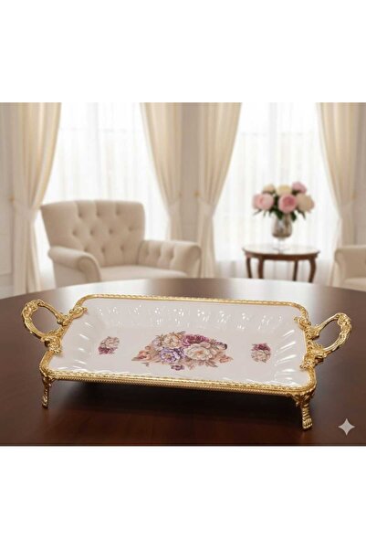 Furkan Decorative Gold Metal Footed White Rectangular Flower Display Plate