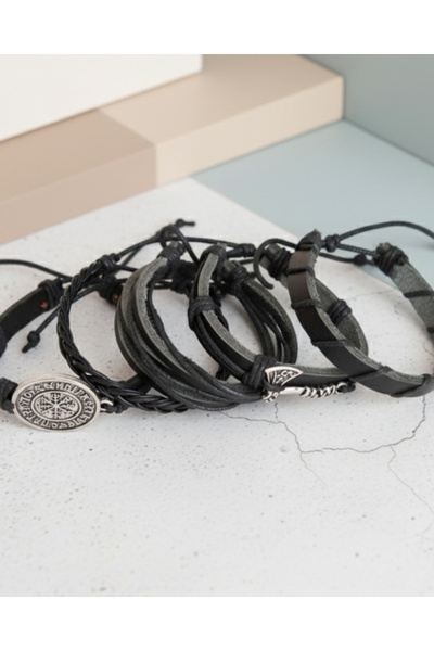 AB Takı Viking Compass Balta Design 5 Pieces Real Leather Bracelet Black Genuine Leather Bracelet Fashion Bracelet