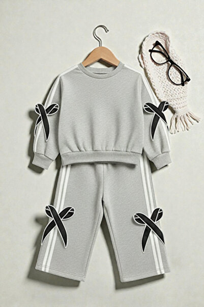 uyguntarz Κοριτσίστικο σετ φόρμας σε γκρι χρώμα με λεπτομέρεια κορδέλας και ρ...