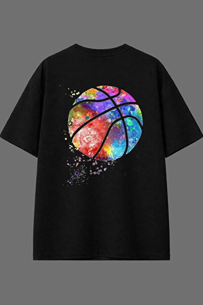 VSRN Tricou oversize negru cu imprimeu pe spate, cu design colorat de baschet
