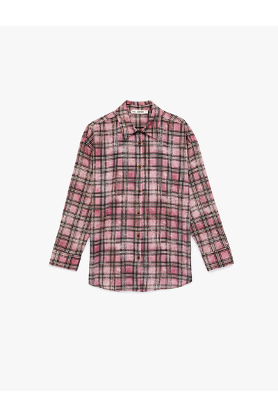Koton Uzun Kollu Gömlek Yaka Pamuklu Oversize Ekose Gömlek